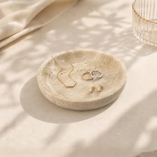 Small Natural Marble Jewelry Tray Key Plate Holder Dish Trinket Decor Catch All Bowl for Ring Earring Stone Gift for Women Daugther,Beige Travertine，5.5" by Unknown