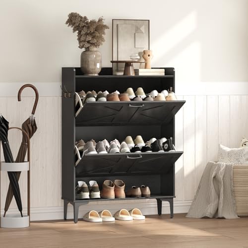 MAHANCRIS Shoe Storage Cabinet, Shoe Organizer with 2 Flip Drawers, Hidden Shoe Storage for Entryway, Freestanding Shoe Cabinet Organizer with Open Storages, Black SHHB9401 - Image 5