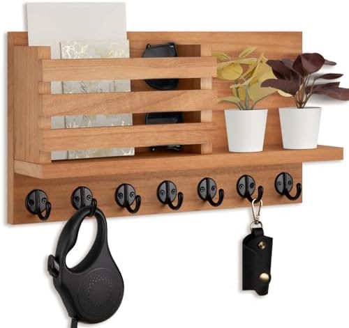 Lwenki Key Holder for Wall – Decorative Wooden Mail Holder and Key Shelf with Mounting Hardware, Installation Guide – Paulownia Wood with Metal Key Hooks (Light Brown, Extra Large - 15.6inch) by Lwenki