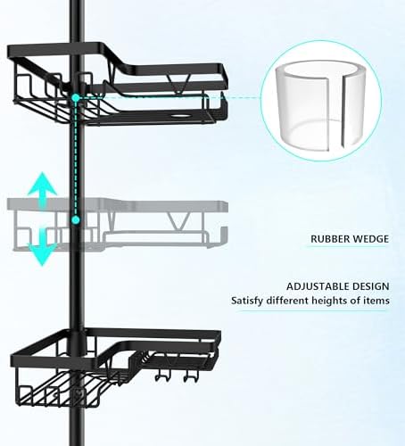 DAOYA Shower Caddy Tension Pole Corner with 4 Removable Baskets & 2 Towel Bar - Expandable Shower Caddy Corner Adjustable 25-114.2 Inches Upgraded Bath Organizer for Tub(Stainless Steel, Black) - Image 3