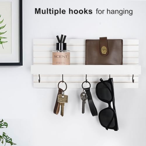 Lwenki Decorative Key Holder for Wall with Shelf, Entryway Shelf with Hooks Holds Leashes, Jackets and Glasses – Sturdy Wood Keyholder Entrance Hanger with Mounting Hardware (White, Medium) - Image 3