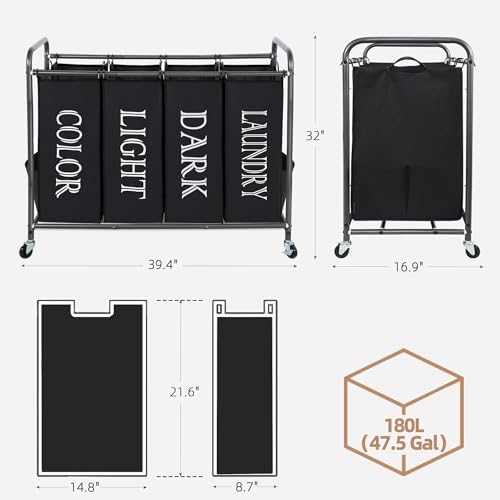STORAGE MANIAC Laundry Sorter 4 Section, 47.5 Gal (180 L) Laundry Hamper with Wheels, Clothes Divider Basket Sorter, Separator Hamper Cart with Removable Bags, Label Black - Image 3