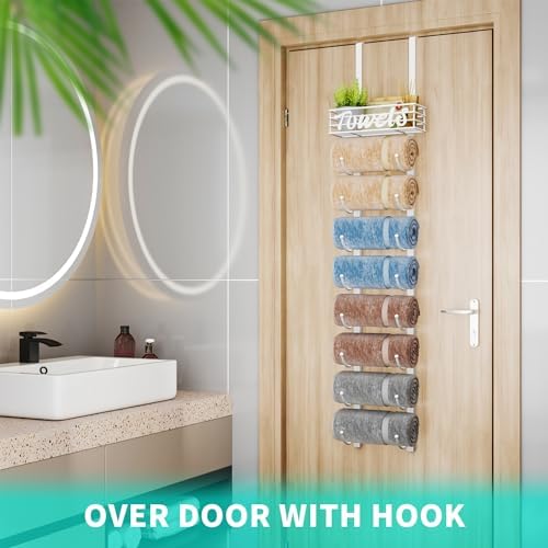 HapiRm Towel Racks for Bathroom Storage - 9 Tier Over The Door & Wall Mount Rolled Towel Storage Organizer Holder with Metal Shelf Basket for Small Bathroom, Camper, Rv - White, Patented - Image 4