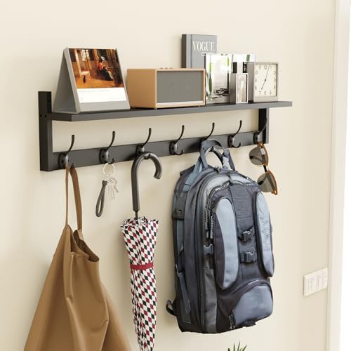 BAMEOS Wall Hooks with Shelf 35 Inch Length Entryway Hanging Shelf Wood Coat Hooks Wall-Mounted Coat Hook Rack with 7 Dual Hooks for Bathroom, Living Room, Bedroom (Black) - Image 6