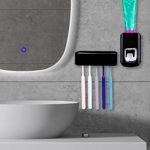 5 Slots Wall Mount Toothbrush Holder with Cover, Self Adhesive Toothbrush Storage Organizer for Shower, Toothbrush Hanger with Automatic Toothpaste Squeezer Dispenser(Black) - Image 3
