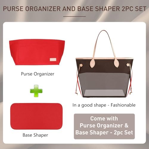 Doxo Purse Organizer Insert for Handbags & Base Shaper 2pc Set, Felt Neverfull MM Organizer Insert, Tote Bag Organizer with Zipper Pocket and Bottle Holder, Fit Speedy 30 Neverfull MM and More,Red-L - Image 3