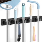 Black Broom Holder Wall Mount - Heavy Duty Wood Mop and Broom Organizer with 5 Slots & 4 Hooks - Sturdy Garden Tool Hanger for Laundry Room Closet Kitchen Garage Storage and Organization by Unknown