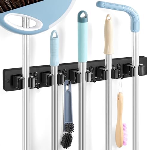 Black Broom Holder Wall Mount - Heavy Duty Wood Mop and Broom Organizer with 5 Slots & 4 Hooks - Sturdy Garden Tool Hanger for Laundry Room Closet Kitchen Garage Storage and Organization by Unknown