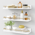 Forbena Gold Floating Shelves for Wall Decor Set of 3, Bathroom Shelves Over Toilet, Modern Display Wall Shelf with Guard Rail for Living Room Bedroom Organizers and Storage - White and Gold by Forbena