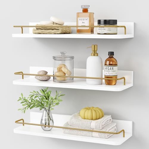 Forbena Gold Floating Shelves for Wall Decor Set of 3, Bathroom Shelves Over Toilet, Modern Display Wall Shelf with Guard Rail for Living Room Bedroom Organizers and Storage - White and Gold by Forbena
