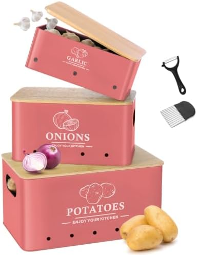 Kitchen Vegetable Storage Set of 3, Metal Onion Garlic Potato Storage Set, Kitchen Canisters Vegetable Keeper Containers with Aerating Holes and Bamboo Lid,Coral Red by Dekosilave