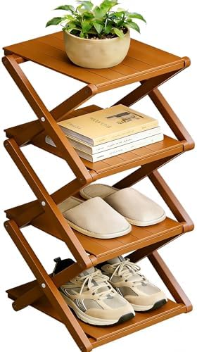 Bamboo Shoe Rack - No Assembly Required, Tall Narrow Foldable Shoe Organizer, Space-Saving Multifunctional Shelf for Entryways, Corners, Bedrooms, Balconies, 4 Layer Brown (Reinforced And Thickened ) by XZXWZX