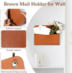 Wall Mount Brown PU Leather Letter Holder 9.8" x 7.7" x 1.4" Mail Holder Vintage Wall File Organizer 2 Ring Binder Hanging File Holder for Office Home Decor Storage Letter Postcards Bill Flowers - Image 3