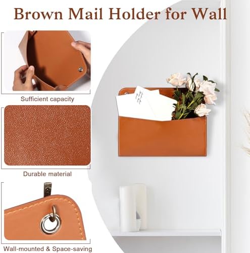 Wall Mount Brown PU Leather Letter Holder 9.8" x 7.7" x 1.4" Mail Holder Vintage Wall File Organizer 2 Ring Binder Hanging File Holder for Office Home Decor Storage Letter Postcards Bill Flowers - Image 3