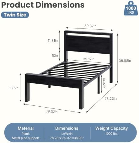 Sweetcrispy 14 Inch Twin Bed Frame with Wood Headboard, Black - Image 2