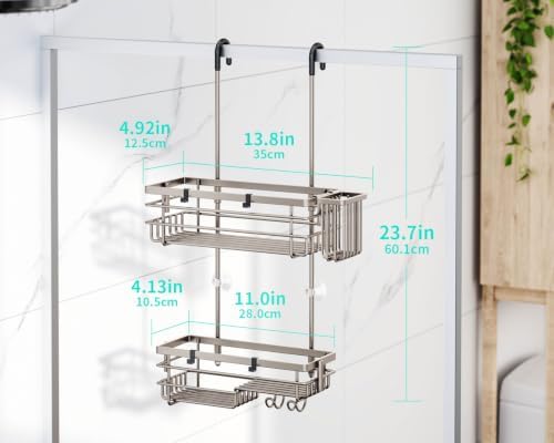 HapiRm Hanging Shower Caddy Organizer - No Drilling Shower Shelves with Hooks and Toothbrush Holder, Rustproof 304 Stainless Steel Bathroom Organizer - Brushed Nickel - Image 6