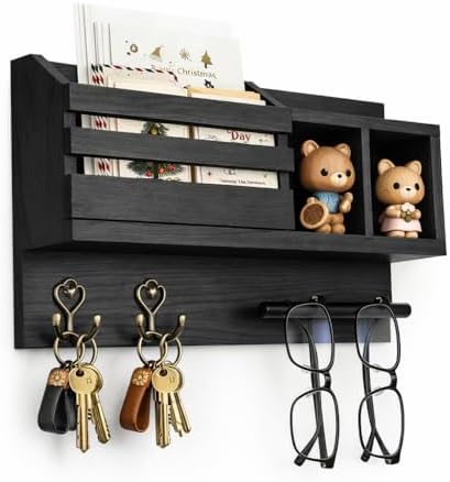 Key and Mail Holder Wall Mount, Wooden Entryway Organizer with 2 Hooks & Shelf, Compact Key Rack for Wall with Mail Organizer & Sunglasses Bar, Black Finish for Mudroom Hallway Decor by Unknown