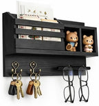 Key and Mail Holder Wall Mount, Wooden Entryway Organizer with 2 Hooks & Shelf, Compact Key Rack for Wall with Mail Organizer & Sunglasses Bar, Black Finish for Mudroom Hallway Decor by Unknown