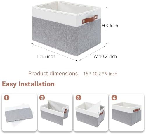 SNWDN 6 Pack Collapsible Fabric Storage Baskets with Handles (White/Grey 15''Lx10.2''Wx9''H) - Image 2