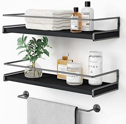 Forbena Black Floating Shelves for Bathroom Wall Set of 2, Kitchen Spice Rack Wall Mount, Modern Wood Hanging Wall Shelves for Bedroom Organizer, Restroom Pantry Closet Storage (Grey-Black) by Forbena