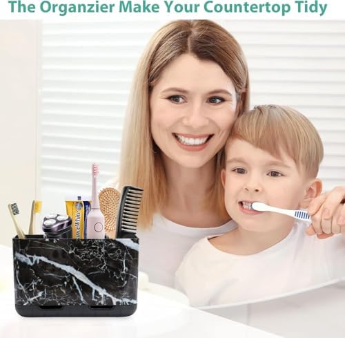 Boperzi Black Toothbrush Holder for Bathroom Toothpaste Organizer Countertop, Detachable Anti-Slip Marble Toothpaste Storage Caddy 6 Slots with Drainage Holes for Makeup Brush Razor Stand - Image 2