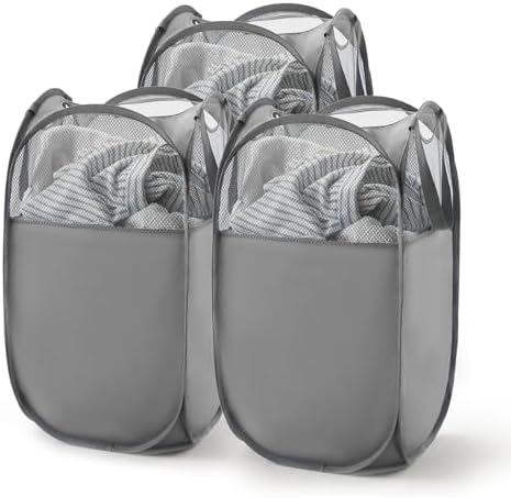 TECHMILLY Pop Up Foldable Laundry Basket, Mesh Laundry Hamper with Reinforced Handles for Dirty Clothes Storage in Dorm, Laundry Room, Bathroom, Grey(Fabric), 3 Pack by TECHMILLY
