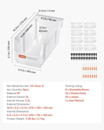 VEVOR Plastic Stackable Storage Bins, 10.9 x 5.5 x 5.1 inch (8 Pack), Plastic Containers for Organizing & Storage Bins for Closet, Garage, Small Parts, Office Supplies, Other Accessories, Transparent - Image 7