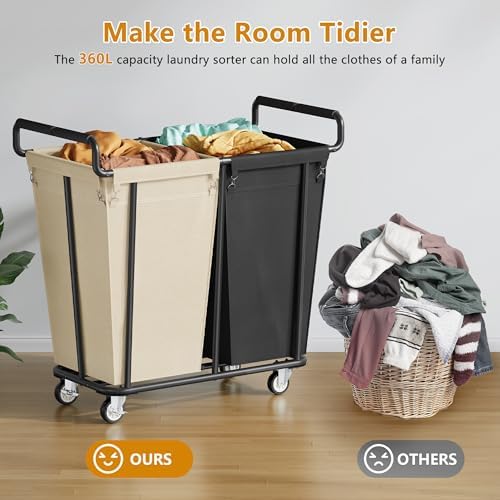 Gewudraw 2 Section Heavy Duty Laundry Basket with Wheels, 360L - Image 4