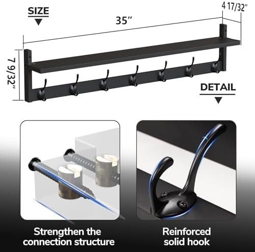 BAMEOS Wall Hooks with Shelf 35 Inch Length Entryway Hanging Shelf Wood Coat Hooks Wall-Mounted Coat Hook Rack with 7 Dual Hooks for Bathroom, Living Room, Bedroom (Black) - Image 3