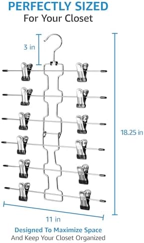 ZOBER 3-Pack 6-Tier Skirt Hangers with Clips, Clothes Hangers for Pants | Chrome metal, rubber-coated clips, swivel hooks, pants hangers with clips space saving for jeans and shorts, 18.25 x 11 in - Image 2