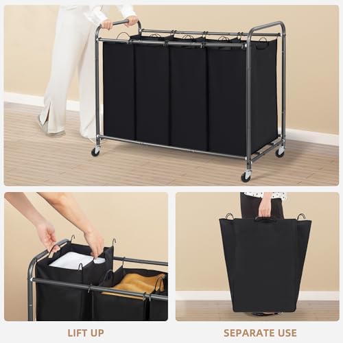 STORAGE MANIAC Laundry Sorter 4 Section, 47.5 Gal (180 L) Laundry Hamper with Wheels, Clothes Divider Basket Sorter, Separator Hamper Cart with Removable Bags, Black - Image 4