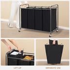 STORAGE MANIAC Laundry Sorter 4 Section, 47.5 Gal (180 L) Laundry Hamper with Wheels, Clothes Divider Basket Sorter, Separator Hamper Cart with Removable Bags, Black - Image 4
