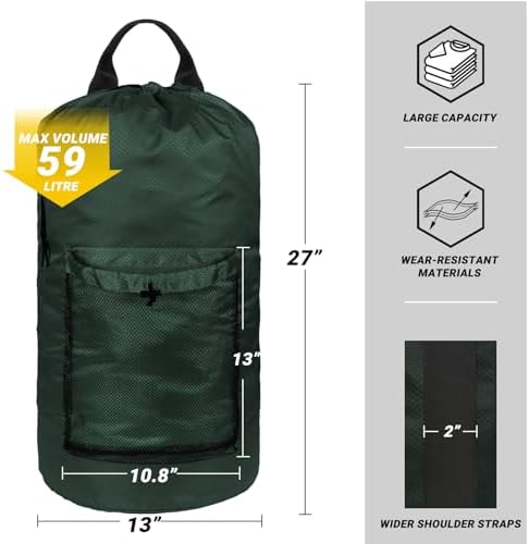Laundry Bag with Shoulder Straps and Mesh Pocket Laundry Backpack Large Portable Laundry Hamper for College Laundromat Apartment (Green) - Image 2