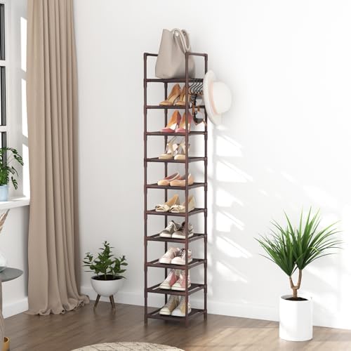 LANTEFUL Tall Shoe Rack 10-Tier Narrow Shoe Shelf Storage for 10-15 Pairs Shoe and Boot, Sturdy Shoe Storage Space Saving Corner Shoe Rack Organizer for Closet, Entryway, Living Room, Brown - Image 7