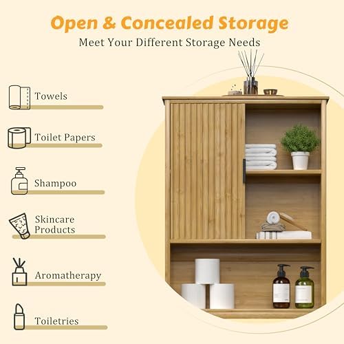 Yardenaler Over The Toilet Storage Cabinet with Fluted Doors, Bathroom Over Toilet Rack with Adjustable Shelf Bamboo FreeStanding Space-Saving Storage Organizer, Natural - Image 4