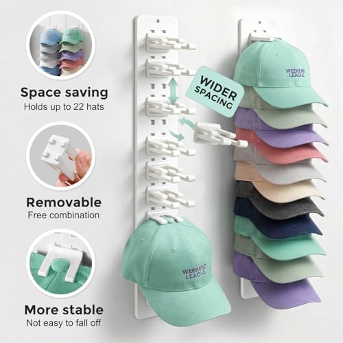 2 Pack Hat Organizer for Baseball Caps,Detachable DIY Hat Rack for Wall Hold Up to 22 Hats,Baseball Cap Organizer Cap Holder Hat Hangers for Wall Closet Door Bedroom(1A-White) - Image 4