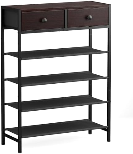 5 Tier Shoe Rack with Drawers, Metal & Wood Shelf Dark Brown by UNITSTAGE