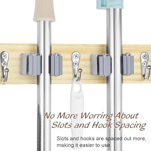 OUTNILI Mop and Broom Holder Wall Mount - Light Wood Broom Mop Hanger - Wall Mounted Garden Tool Rack Organizer for Closet Garage Laundry Room Kitchen With 4 Slots & 4 Hooks - Image 5