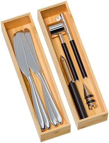 Kitchen Drawer Organizer Bins, Stackable Bamboo Deep Drawer Organizer for Silverware, Utensils, Cutlery, Flatware, Junk Drawer, Dresser, Bathroom, 12" x 3" x 2.5" (Set of 2) by Greatseas