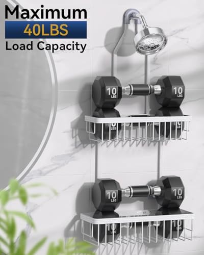 YASONIC Never Rust Shower Caddy Hanging, Aluminum Shower Racks for Inside Shower, 2-Tier Shower Organizer Hanging Over Shower Head with Hooks and Soap Holder, White - Image 5