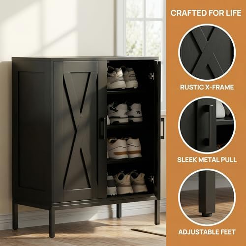 Homleke Farmhouse Shoe Cabinet with 2 Barn Doors & Metal Legs - Image 6