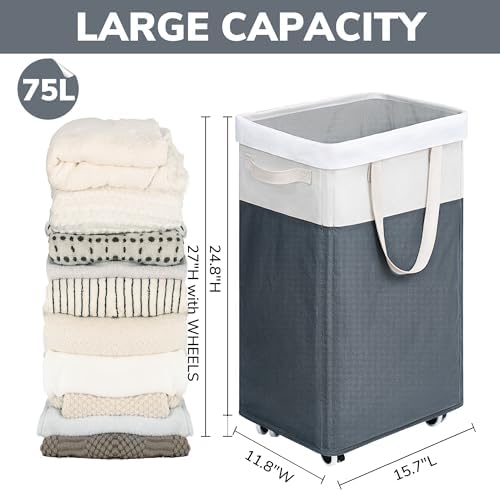 Goodpick 2-Pack Rolling Laundry Basket with Wash Bag, Hamper for Dorm, 75L - Image 3