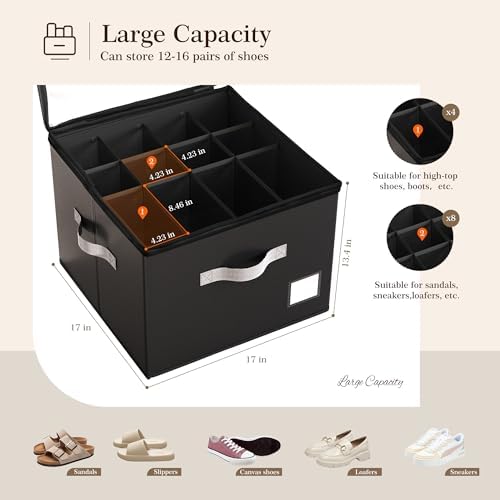 Criusia Shoe Organizer for Closet, Foldable Shoe Storage Organizer with Clear Cover and Sturdy Handles, Fit 12-16 Pairs, Closet Organizer for Shoes Sneakers Sandals Heels, 2 Pack, Black - Image 3