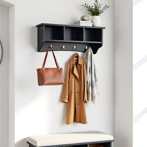 Shaker Cottage Wall-Mounted Coat Rack with 3 Storage Cubbies and 4 Coat Hooks – 36" W x 9" D x 14" H Space-Saving Entryway Organizer or Mudroom Wall Shelf by Alaterre Furniture (Charcoal Gray) - Image 6