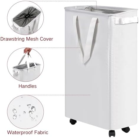 efluky Slim Laundry Hamper with Wheels, Rolling Laundry Basket for Clothes, Small Laundry Basket for Bedroom, Dorm and Laundry Room, 60L (12.7 Gallons) White - Image 3