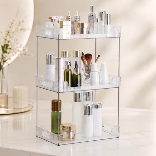 Goderewild 3 Tier Bathroom Counter Organizer, Multi-Purpose Cosmetics Skincare Shelf, Fits A4 Size Makeup Organizer for Office and Vanity Tray, Countertop Storage Solution for Kitchen,Bath.(Clear) by Goderewild