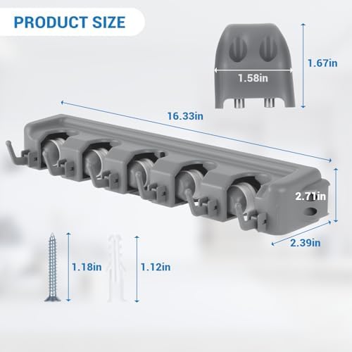 HOME MASTER HARDWARE (2 Pack 16 in Broom Mop Holder Garage Storage Organizer with 5 Racks 6 Hooks Adjustable Wall Mounted Storage Tool for Lanudry Garage Kitchen Garden - Image 2