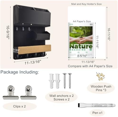 Mail Organizer Wall Mounted with Key Holder, Shelf, Midnight Black - Image 2