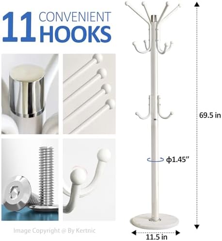 Kertnic Modern Coat Rack Freestanding with Natural Marble Base & Sturdy Metal Frame, 11 Hooks Hall Tree for Jackets, Hats, Bags, Entryway Organizer for Bedroom, Living Room, Closet (11 hooks-White) - Image 3