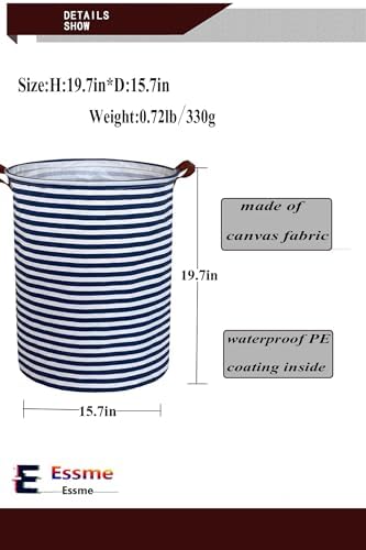 ESSME Laundry Hamper,Blue laundry basket,Collapsible with Waterproof PE Coating,Canvas Fabric Nursery Hamper for Room Decor,(Navy Blue stripes) - Image 6